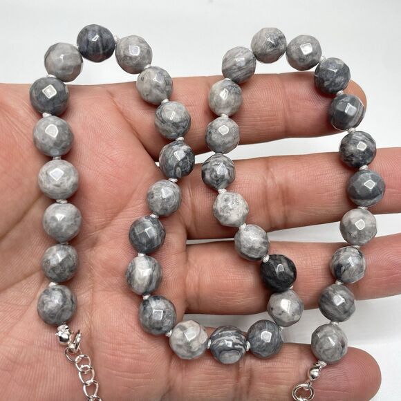 Stunning Unique Gray Picasso Jasper Gemstone Beaded Knotted Necklace 19" Boho - Picture 5 of 7